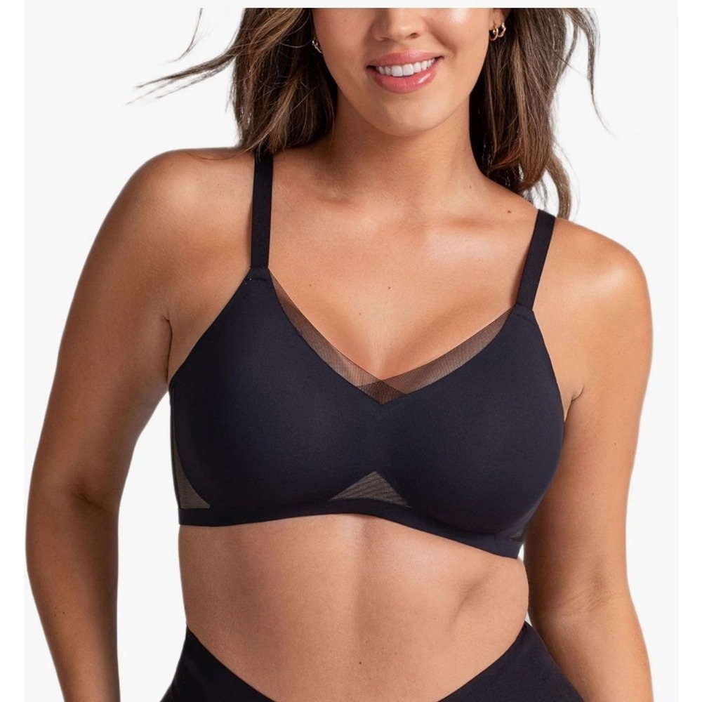 Honeylove Crossover Bra Black Wireless Mesh V-Neck Support Bra Size Large